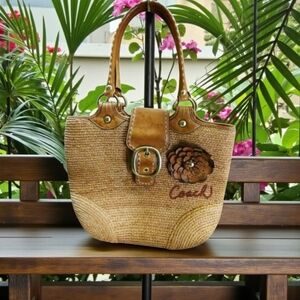 Coach Brown Woven Tote with Floral Accent